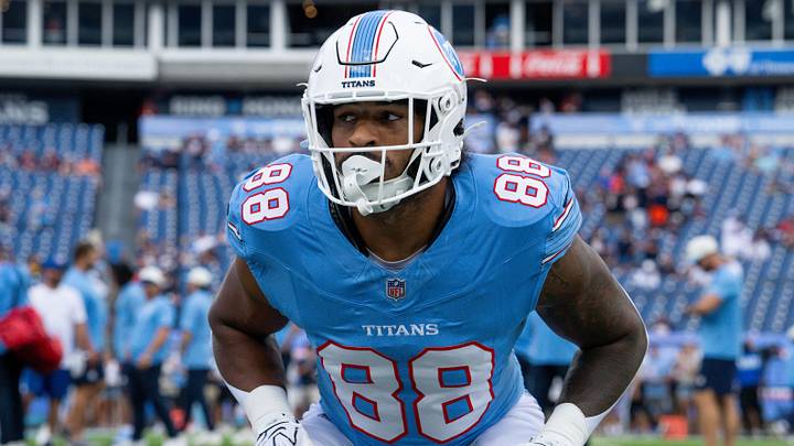 Aug 29, 2026; Nashville, Tennessee, USA; Tennessee Titans tight end David Martin-Robinson (88) goes through drill against the Chicago Bears during pre-game warmups at Nissan Stadium. Mandatory Credit: Steve Roberts-Imagn Images