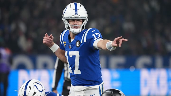 Nov 9, 2025; Berlin, Germany; Indianapolis Colts quarterback Daniel Jones (17) gestures before a snap against the Atlanta Falcons during the NFL Berlin Game at Olympic Stadium. Mandatory Credit: Kirby Lee-Imagn Images
