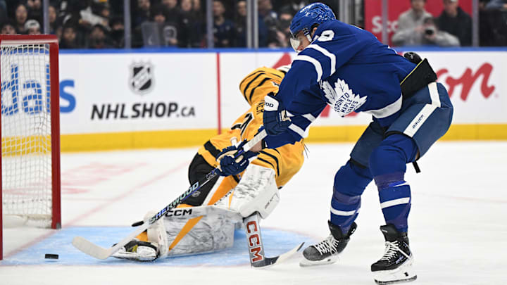 Dec 23, 2025; Toronto, Ontario, CAN;  Toronto Maple Leafs forward William Nylander (88) scores a goal past Pittsburgh Penguins goalie Stuart Skinner (74) in the first period at Scotiabank Arena. Mandatory Credit: Dan Hamilton-Imagn Images