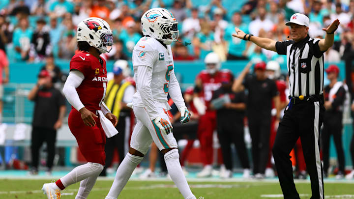 Oct 27, 2024; Miami Gardens, Florida, USA; Miami Dolphins cornerback Jalen Ramsey (5) reacts after blocking a pass from Arizona Cardinals quarterback Kyler Murray (1) during the first quarter at Hard Rock Stadium. Mandatory Credit: Sam Navarro-Imagn Images