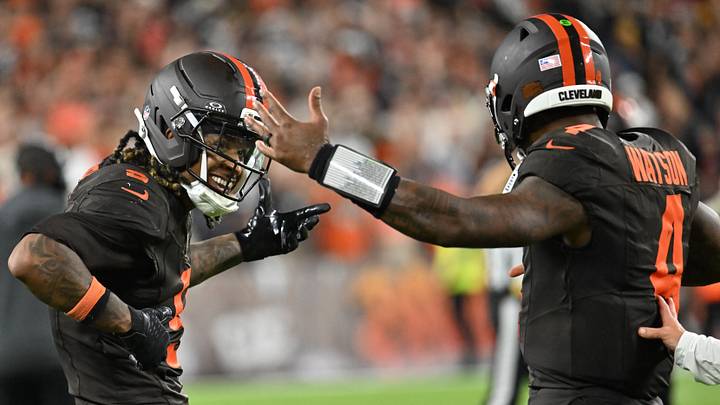 Oct 1, 2026; Cleveland, Ohio, USA;  Cleveland Browns safety Grant Delpit (9) and quarterback Deshaun Watson (4) react after the game against the Pittsburgh Steelers at Huntington Bank Field.  Mandatory Credit: Ken Blaze-Imagn Images