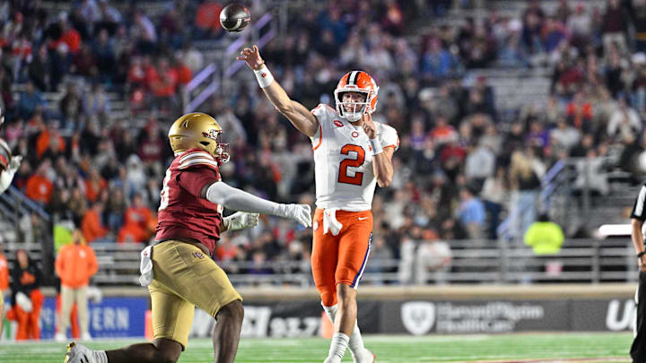 Oct 11, 2025; Chestnut Hill, Massachusetts, USA; Clemson Tigers quarterback Cade Klubnik (2) throws for a Boston College Eagles interception during the second half at Alumni Stadium. Mandatory Credit: Eric Canha-Imagn Images