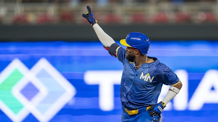 Aug 2, 2024; Minneapolis, Minnesota, USA; Minnesota Twins second baseman Willi Castro (50) celebrates hitting a two run home run against the Chicago White Sox in the eighth inning at Target Field.