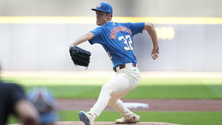 Jun 12, 2026; Milwaukee, Wisconsin, USA; Milwaukee Brewers pitcher Jacob Misiorowski (32) delivers a pitch against the Philadelphia Phillies win the first inning the first inning at American Family Field. Mandatory Credit: Michael McLoone-Imagn Images