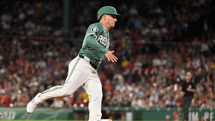 May 16, 2025; Boston, Massachusetts, USA; Boston Red Sox third base Alex Bregman (2) scores on a RBI single by shortstop Trevor Story (not pictured) during the ninth inning against the Atlanta Braves at Fenway Park. Mandatory Credit: Eric Canha-Imagn Images May 16, 2025; Boston, Massachusetts, USA; Boston Red Sox third base Alex Bregman (2) scores on a RBI single by shortstop Trevor Story (not pictured) during the ninth inning against the Atlanta Braves at Fenway Park. Mandatory Credit: Eric Canha-Imagn Images