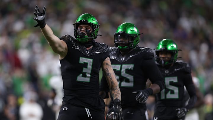 Dec 7, 2024; Indianapolis, IN, USA; Oregon Ducks tight end Terrance Ferguson (3) celebrates after a run for a gain against the Penn State Nittany Lions during the fourth quarter in the 2024 Big Ten Championship game at Lucas Oil Stadium. Mandatory Credit: Jordan Prather-Imagn Images