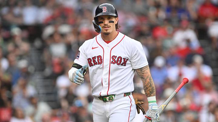 Jun 18, 2026; Boston, Massachusetts, USA; Boston Red Sox left fielder Jarren Duran (16) looks on after striking out against the Toronto Blue Jays during the second inning at Fenway Park. Mandatory Credit: Eric Canha-Imagn Images
