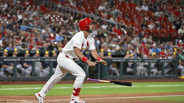 Aug 20, 2024; St. Louis, Missouri, USA; St. Louis Cardinals pinch hitter Matt Carpenter (13) hits a two run home run against the Milwaukee Brewers during the eighth inning at Busch Stadium. Mandatory Credit: Jeff Curry-Imagn Images Aug 20, 2024; St. Louis, Missouri, USA; St. Louis Cardinals pinch hitter Matt Carpenter (13) hits a two run home run against the Milwaukee Brewers during the eighth inning at Busch Stadium. Mandatory Credit: Jeff Curry-Imagn Images