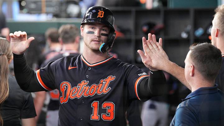 Jul 5, 2026; Arlington, Texas, USA; Detroit Tigers catcher Dillon Dingler (13) is greeted in the dugout after scoring against the Texas Rangers during the fifth inning at Globe Life Field. Mandatory Credit: Raymond Carlin III-Imagn Images Jul 5, 2026; Arlington, Texas, USA; Detroit Tigers catcher Dillon Dingler (13) is greeted in the dugout after scoring against the Texas Rangers during the fifth inning at Globe Life Field. Mandatory Credit: Raymond Carlin III-Imagn Images