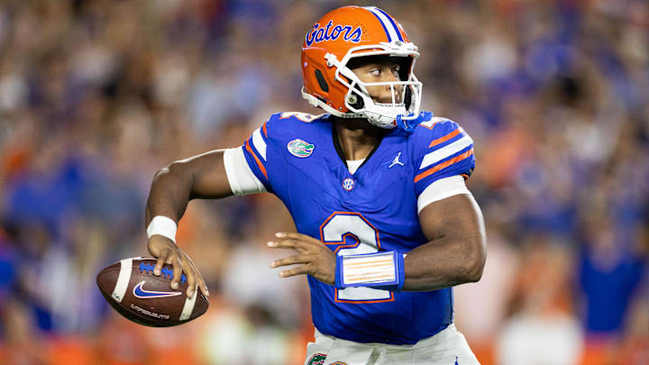 Oct 19, 2024; Gainesville, Florida, USA; Florida Gators quarterback DJ Lagway (2) throws the ball against the Kentucky Wildcats during the first half at Ben Hill Griffin Stadium. Mandatory Credit: Matt Pendleton-Imagn Images