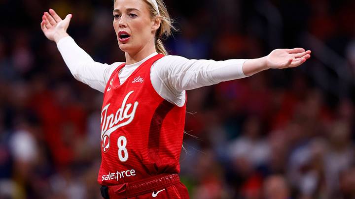 Indiana Fever guard Sophie Cunningham 8 reacts to the call during a game. Indiana Fever guard Sophie Cunningham 8 reacts to the call during a game.