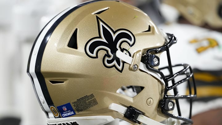 Dec 23, 2024; Green Bay, Wisconsin, USA;  General view of a New Orleans Saints helmet during the game against the Green Bay Packers at Lambeau Field. Mandatory Credit: Jeff Hanisch-Imagn Images