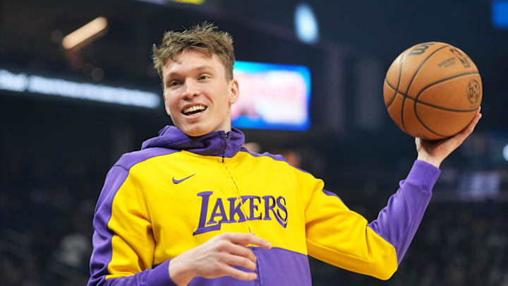 Jan 25, 2025; San Francisco, California, USA; Los Angeles Lakers guard Dalton Knecht (4) before the game against the Golden State Warriors at Chase Center. Mandatory Credit: Darren Yamashita-Imagn Images