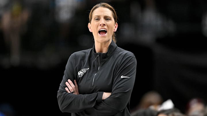 Jun 27, 2025; Dallas, Texas, USA; Indiana Fever head coach Stephanie White looks on during the game against the Dallas Wings at the American Airlines Center. Mandatory Credit: Jerome Miron-Imagn Images Jun 27, 2025; Dallas, Texas, USA; Indiana Fever head coach Stephanie White looks on during the game against the Dallas Wings at the American Airlines Center. Mandatory Credit: Jerome Miron-Imagn Images