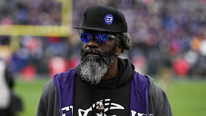 Jan 28, 2024; Baltimore, Maryland, USA; Former Baltimore Ravens Ed Reed looks on from the sidelines