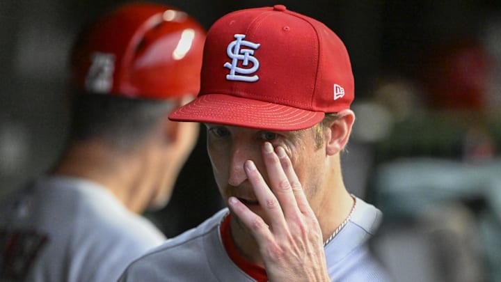 Jul 6, 2025; Chicago, Illinois, USA;  St. Louis Cardinals pitcher Erick Fedde (12) in the dugout after being relieved  during the third inning against the Chicago Cubs at Wrigley Field. Mandatory Credit: Matt Marton-Imagn Images