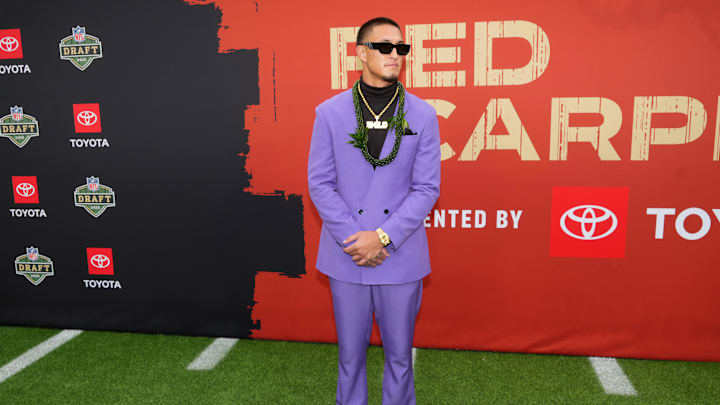 Apr 24, 2025; Green Bay, WI, USA; Arizona Wildcats wide receiver Tetairoa McMillan on the red carpet before the 2025 NFL Draft at Lambeau Field. Mandatory Credit: Kirby Lee-Imagn Images