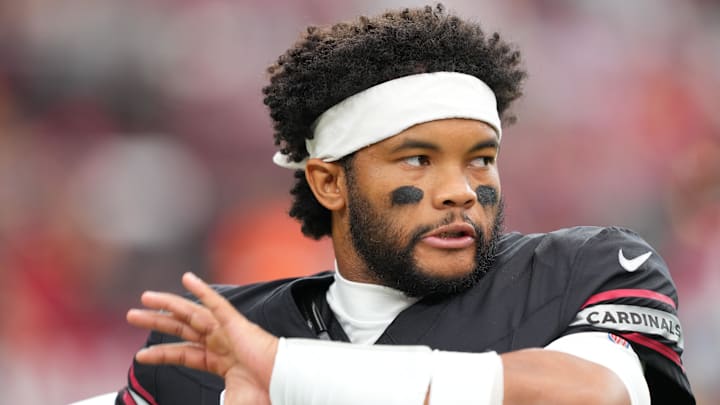 Oct 5, 2025; Glendale, Arizona, USA; Arizona Cardinals quarterback Kyler Murray (1) warms up before their game against the Tennessee Titans at State Farm Stadium. Mandatory Credit: Joe Camporeale-Imagn Images