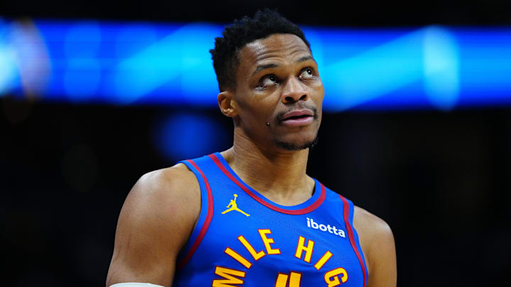Jan 8, 2025; Denver, Colorado, USA; Denver Nuggets guard Russell Westbrook (4) looks on during the second quarter against the LA Clippers at Ball Arena. Mandatory Credit: Ron Chenoy-Imagn Images Jan 8, 2025; Denver, Colorado, USA; Denver Nuggets guard Russell Westbrook (4) looks on during the second quarter against the LA Clippers at Ball Arena. Mandatory Credit: Ron Chenoy-Imagn Images