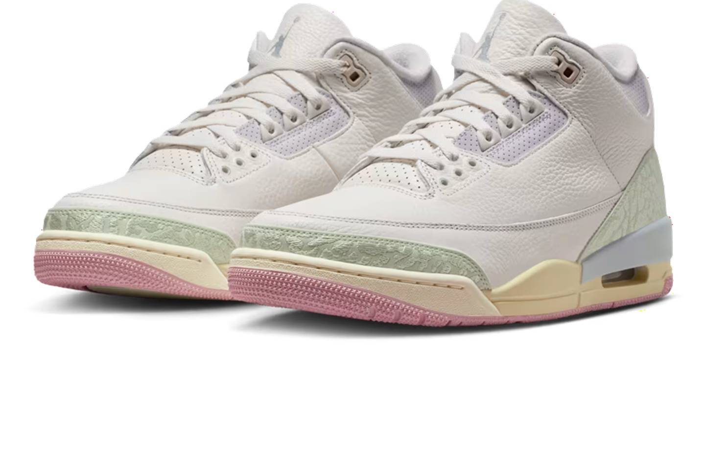 Air Jordan 3 Spring Is In The Air IF4396-100 hero image showing Sail leather upper with Jade Aura elephant print and pastel accents