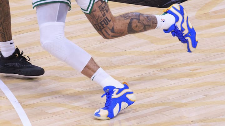 Boston Celtics forward Jayson Tatum wears the Jordan Tatum 3 in the "UCLA Bruins" colorway. Boston Celtics forward Jayson Tatum wears the Jordan Tatum 3 in the "UCLA Bruins" colorway.