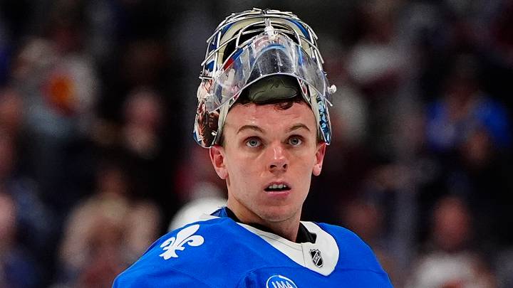 Jan 12, 2026; Denver, Colorado, USA; Colorado Avalanche goaltender Trent Miner (50) during the third period between the Toronto Maple Leafs at Ball Arena. Mandatory Credit: Ron Chenoy-Imagn Images