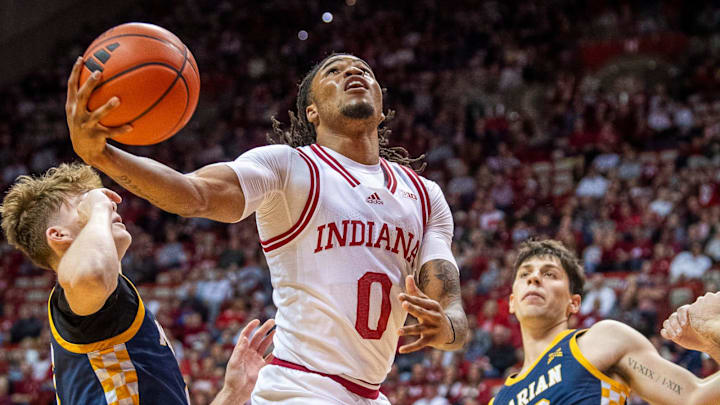 Indiana's Jakai Newton (0) scores during the the Indiana versus Marian men's basketball game at Simon Skjodt Assembly Hall on Friday, Nov. 1, 2024.