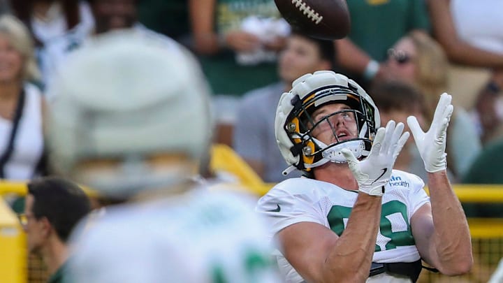 Green Bay Packers tight end Luke Musgrave (88) catches a pass during Family Night on Aug. 3. Musgrave was placed on injured reserve on Friday.