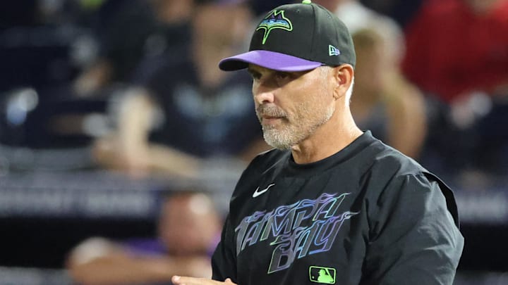 Sep 19, 2025; Tampa, Florida, USA; Tampa Bay Rays manager Kevin Cash (16) during the eighth inning against the Boston Red Sox at George M. Steinbrenner Field. 