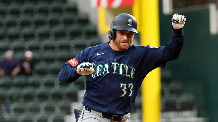 Apr 7, 2026; Arlington, Texas, USA; Seattle Mariners third baseman Brendan Donovan (33) reacts after hitting a home run during the first inning against the Texas Rangers at Globe Life Field. Mandatory Credit: Kevin Jairaj-Imagn Images Apr 7, 2026; Arlington, Texas, USA; Seattle Mariners third baseman Brendan Donovan (33) reacts after hitting a home run during the first inning against the Texas Rangers at Globe Life Field. Mandatory Credit: Kevin Jairaj-Imagn Images