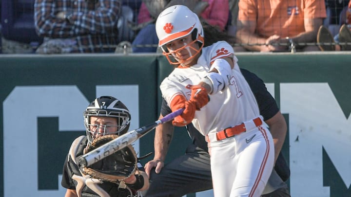 Clemson senior McKenzie Clark (7) bats against South Carolina during the bottom of the first inning at McWhorter Stadium in Clemson Wednesday, March 20, 2024.