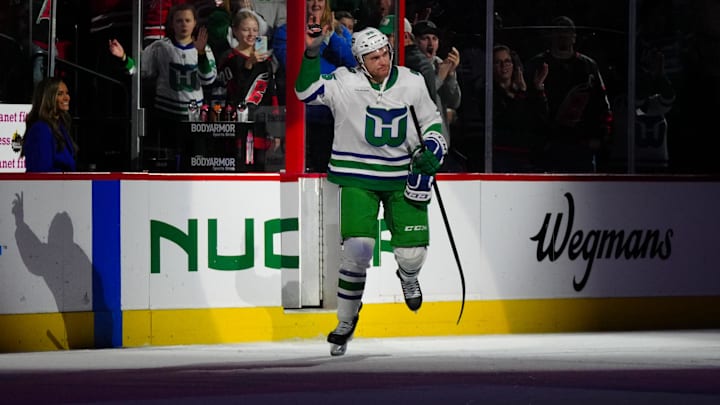Feb 27, 2025; Raleigh, North Carolina, USA;  Carolina Hurricanes right wing Mikko Rantanen (96) comes out onto the ice after the Hurricanes victory against the Buffalo Sabres at Lenovo Center. Mandatory Credit: James Guillory-Imagn Images