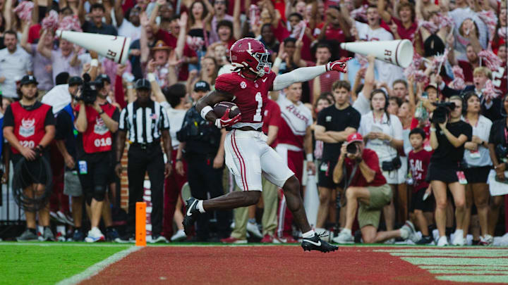 Aug 31, 2024; Tuscaloosa, Alabama, USA; Alabama Crimson Tide wide receiver Kendrick Law (1) scores a touchdown against the Western Kentucky Hilltoppers during the first quarter at Bryant-Denny Stadium. Mandatory Credit: Will McLelland-Imagn Images Aug 31, 2024; Tuscaloosa, Alabama, USA; Alabama Crimson Tide wide receiver Kendrick Law (1) scores a touchdown against the Western Kentucky Hilltoppers during the first quarter at Bryant-Denny Stadium. Mandatory Credit: Will McLelland-Imagn Images