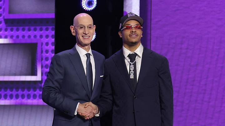 Jun 23, 2026; New York, NY, USA; NBA commissioner Adam Silver greets the seventh pick in the 2026 NBA draft, Arkansas guard Darius Acuff Jr. after he was selected by the Sacramento Kings at Barclays Center. 