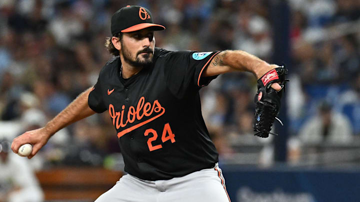 Aug 9, 2024; St. Petersburg, Florida, USA; Baltimore Orioles starting pitcher Zach Eflin (24) throws a pitch in the second inning against the Tampa Bay Rays at Tropicana Field.