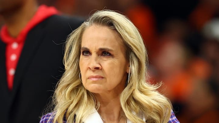 Oct 8, 2025; Phoenix, Arizona, USA; Las Vegas Aces head coach Becky Hammon against the Phoenix Mercury during game three of the 2025 WNBA Finals at PHX Arena. Mandatory Credit: Mark J. Rebilas-Imagn Images