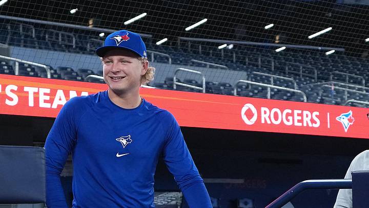 Sep 13, 2025; Toronto, Ontario, CAN; Toronto Blue Jays first round draft pick JoJo Parker watches batting practice before a game against the Baltimore Orioles at Rogers Centre. Mandatory Credit: Nick Turchiaro-Imagn Images