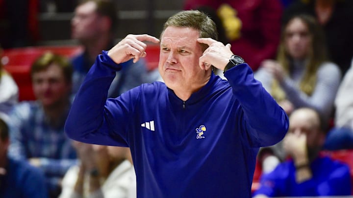 Feb 15, 2025; Salt Lake City, Utah, USA; Kansas Jayhawks head coach Bill Self calls a play against the Utah Utes during the first half at the Jon M. Huntsman Center.