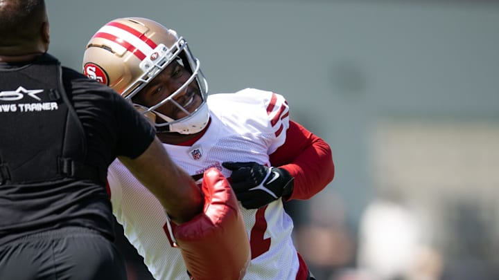 San Francisco 49ers defensive end Bryce Huff participates in a pass rush drill