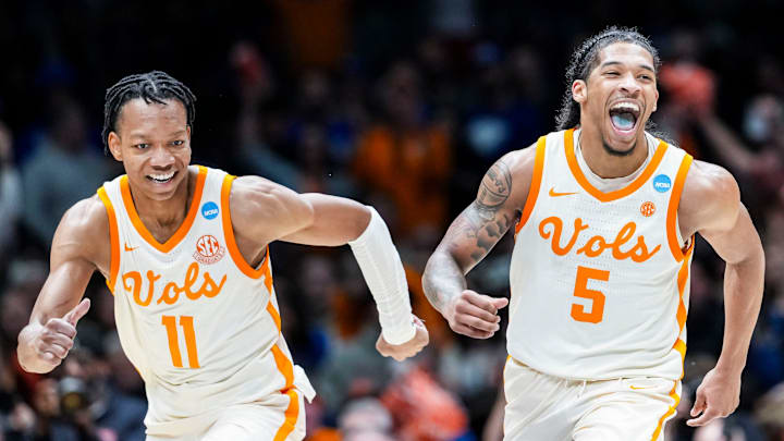 Tennessee Volunteers guard Jordan Gainey (11) and Tennessee Volunteers guard Zakai Zeigler (5) celebrate Friday, March 28, 2025, during the NCAA Tournament Sweet 16 game at Lucas Oil Stadium in Indianapolis.