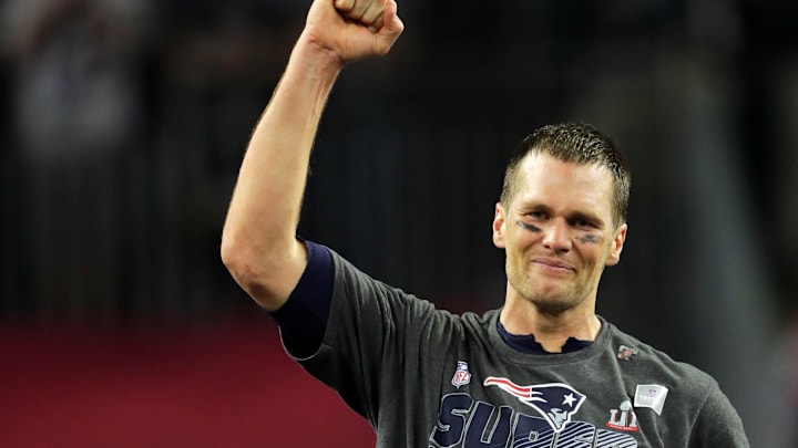 Feb 5, 2017; Houston, TX, USA; New England Patriots quarterback Tom Brady (12) celebrates after defeating the Atlanta Falcons during Super Bowl LI at NRG Stadium.  The Patriots won 34-28. Mandatory Credit: Dan Powers-Imagn Images