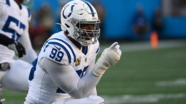 Nov 5, 2023; Charlotte, North Carolina, USA; Indianapolis Colts defensive tackle DeForest Buckner (99) reacts in the first quarter at Bank of America Stadium. Mandatory Credit: Bob Donnan-Imagn Images