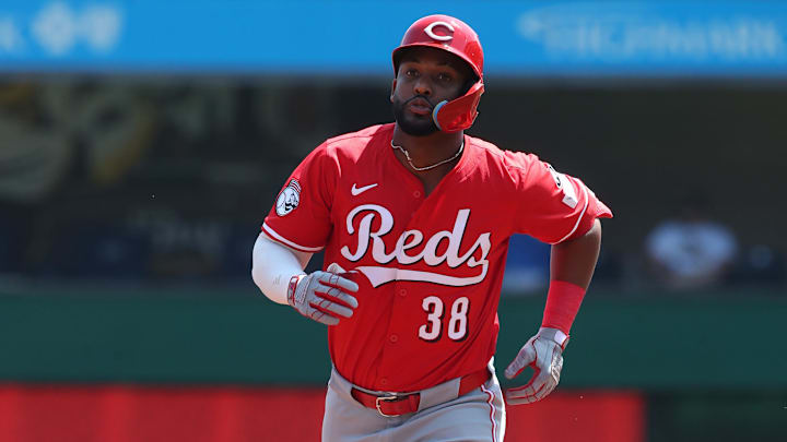 Aug 10, 2025; Pittsburgh, Pennsylvania, USA;  Cincinnati Reds designated hitter Miguel Andujar (38) circles the bases on a three run home run against the Pittsburgh Pirates during the third inning at PNC Park. Mandatory Credit: Charles LeClaire-Imagn Images