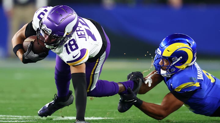 Minnesota Vikings wide receiver Justin Jefferson makes a catch against the Los Angeles Rams during the first half in an NFC wild-card game at State Farm Stadium in Glendale, Ariz., on Jan. 13, 2025. Minnesota Vikings wide receiver Justin Jefferson makes a catch against the Los Angeles Rams during the first half in an NFC wild-card game at State Farm Stadium in Glendale, Ariz., on Jan. 13, 2025.