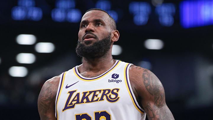 Mar 31, 2024; Brooklyn, New York, USA; Los Angeles Lakers forward LeBron James (23) prepares for a Mar 31, 2024; Brooklyn, New York, USA; Los Angeles Lakers forward LeBron James (23) prepares for a