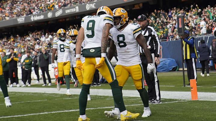 Nov 17, 2024; Chicago, Illinois, USA; Green Bay Packers running back Josh Jacobs (8) celebrates his touchdown against the Chicago Bears during the second half at Soldier Field. Mandatory Credit: David Banks-Imagn Images