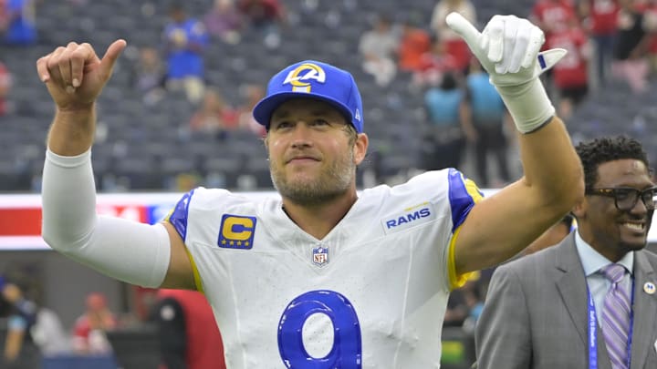 Sep 22, 2024; Inglewood, California, USA;  Los Angeles Rams quarterback Matthew Stafford (9) celebrates as he leaves the field after defeating the San Francisco 49ers at SoFi Stadium. Mandatory Credit: Jayne Kamin-Oncea-Imagn Images