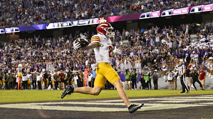 Nov 8, 2025; Fort Worth, Texas, USA; Iowa State Cyclones running back Aiden Flora (21) celebrates after he returns a punt for a touchdown against the TCU Horned Frogs during the second half at Amon G. Carter Stadium. Mandatory Credit: Jerome Miron-Imagn Images