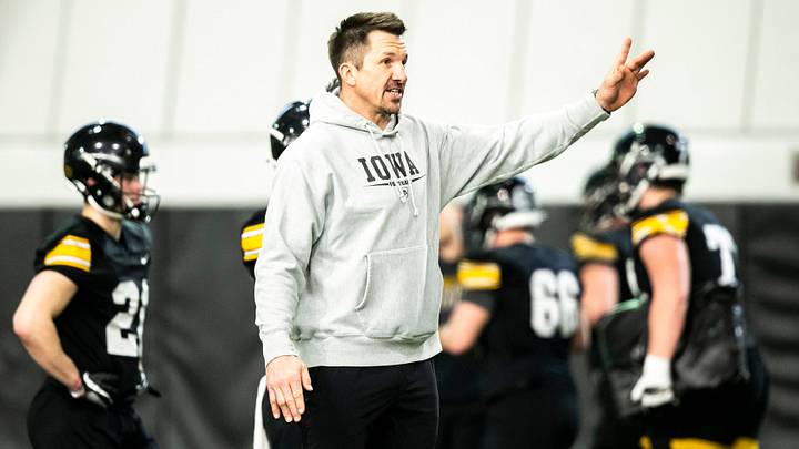 Dallas Clark talks with players during a spring NCAA football practice, Thursday, March 30, 2023, at the University of Iowa Indoor Practice Facility in Iowa City, Iowa.

230330 Iowa Spring Fb 087 Jpg