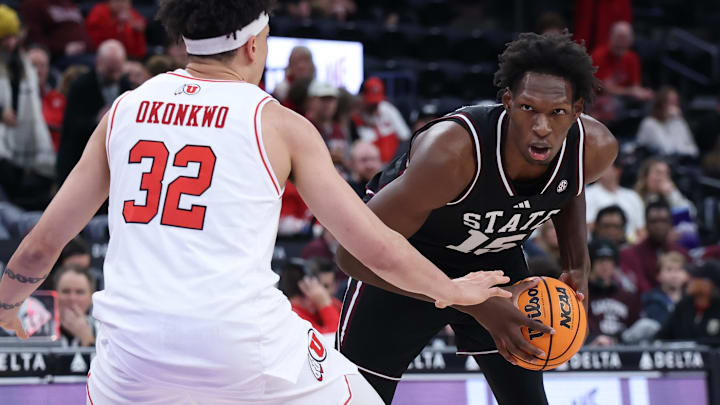 Mississippi State Bulldogs center Quincy Ballard (15) looks for the play as Utah Utes forward James Okonkwo (32) defends during the first half at Delta Center.